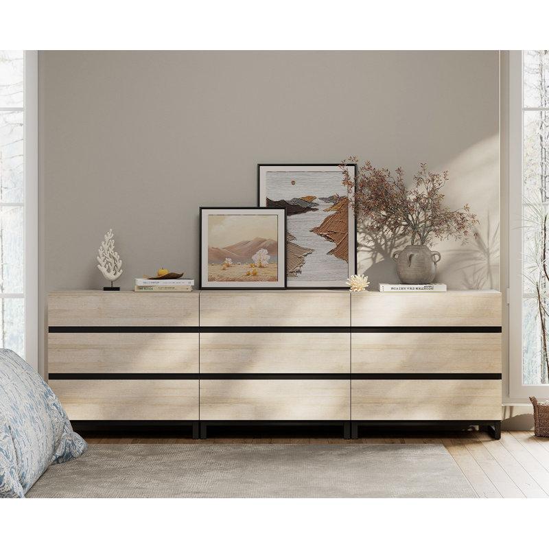 Aadam Modern Wooden Accent Cabinet with 9 Spacious Drawers, Metal Base, Beige