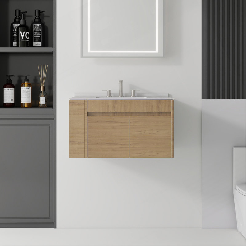 Meuble-lavabo flottant 30 po avec lavabo, porte à fermeture en douceur, comptoir en granite blanc 0,6 po et dosseret, contreplaqué