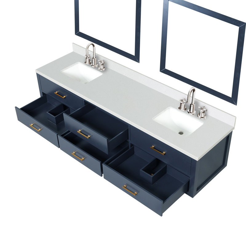 Meuble-lavabo double bleu 84 po X P 22 po , Comptoir en quartz blanc, ensemble de robinets et Miroirs, Bleu / quartz blanc