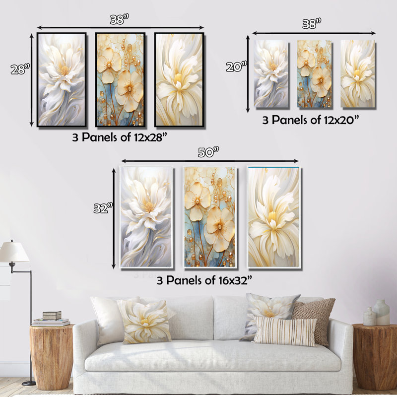 «Dreamy White Digital Spring Flowers», 3 pièces, Toile tendue, H 32 po x l 48 po