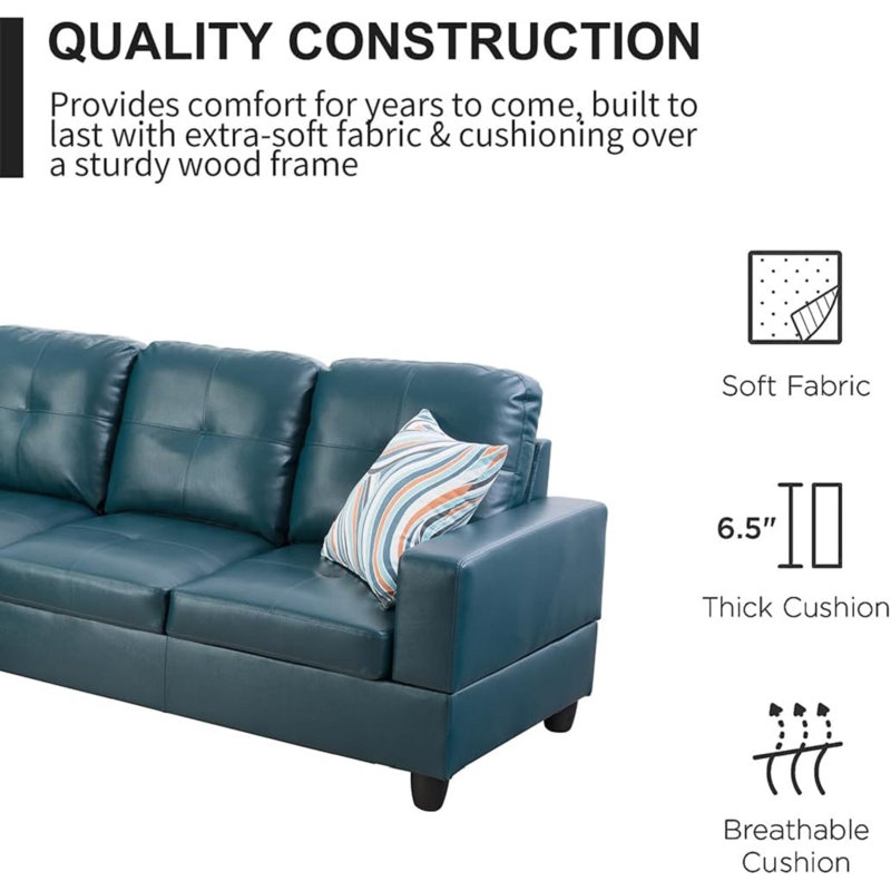 Bawan Faux Leather L-Shaped Sectional, Left Hand Facing, Blue Faux Leather