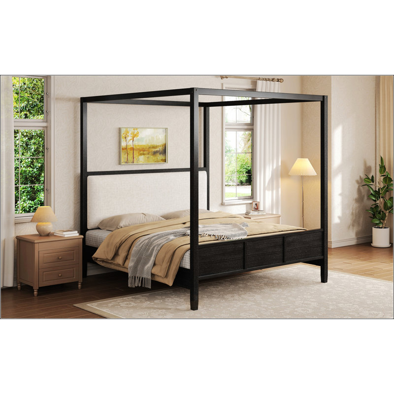 Grand lit plateforme à baldaquin en bois avec tête de lit tapissier, aucun sommier requis, Queen, Black