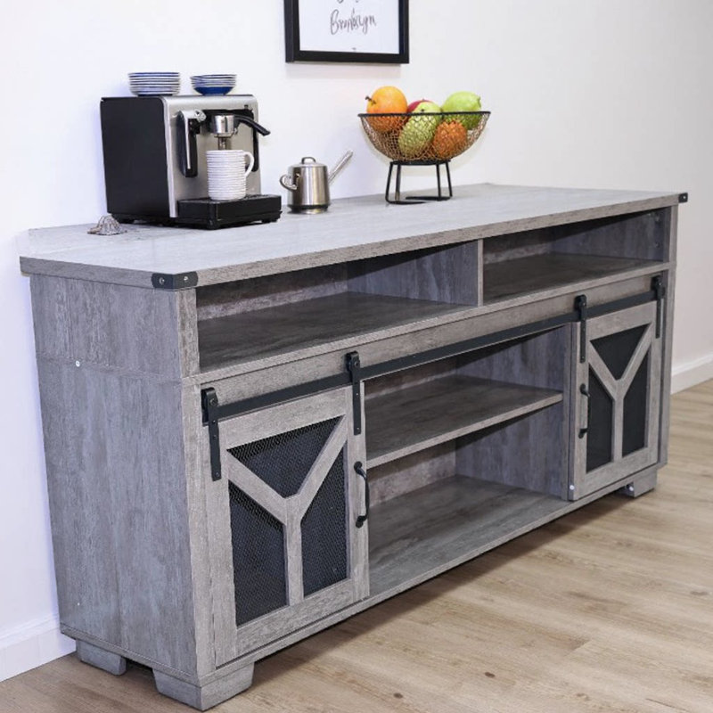 Meuble télé 65,3 po avec bandes lumineuses à DEL et porte de grange en fer avec bande décorative en Y de style campagnard gris
