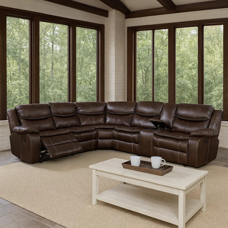 Faux Leather Reclining Curved Sectional Symmetrical, Brown