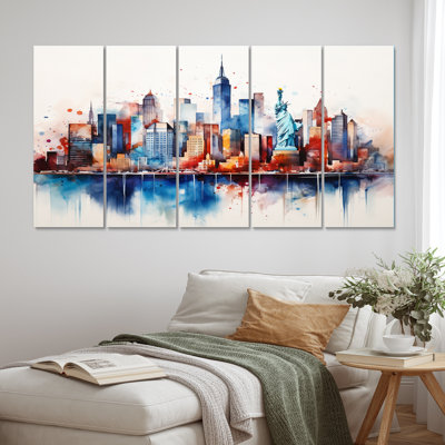 Dreamy New York Scenery Retro Watercolor III - City New York Wall Decor - 5 Equal Panels