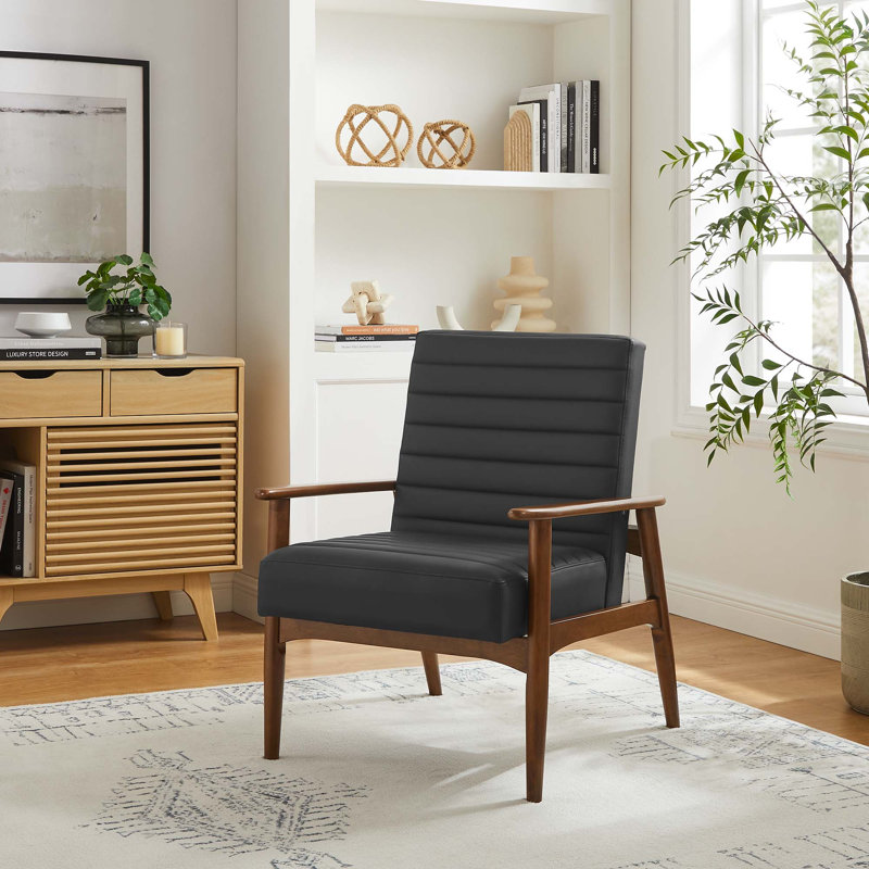 Fauteuil d'appoint en cuir Jensen , Bois brun foncé, Similicuir noir