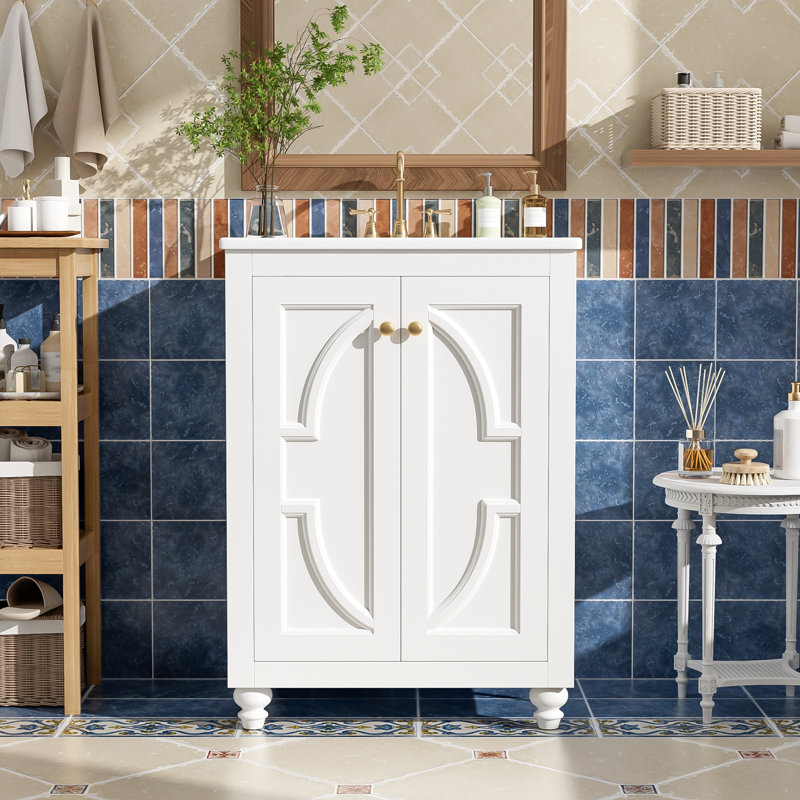 Modern Bathroom Vanity With Ornate Elliptical Motif, Soft-Close Hinges, And Open Back Structure For Easy Plumbing Access