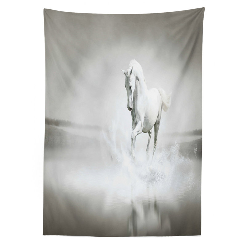 Horses Tablecloth, Wild Horse Running Through Water Dramatic For The Motivation Of Life Art, Rectangular Table Cover For Dining Room Kitchen Decor, 52" X 70", Black And White