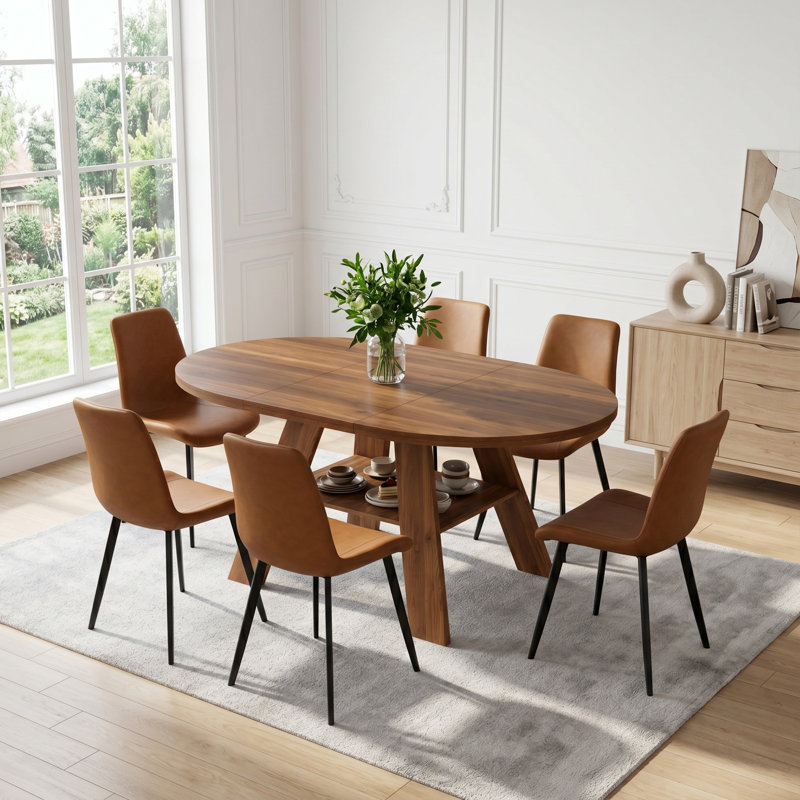43.3''-59'' Extendable Round Dining Table For 4-6, Mid Century Modern Wooden Round Table With Removable Leaves Space Saving, For Kitchen Living Room