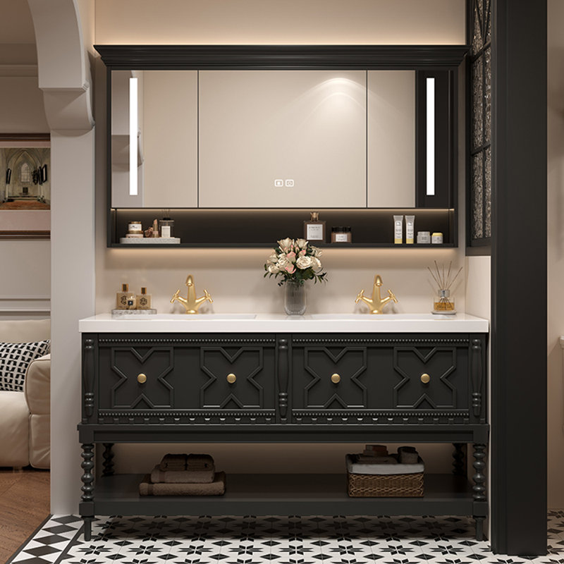 Vintage bathroom cabinet French style., Black, 32.28" H x 55.12" W x 21.65" D