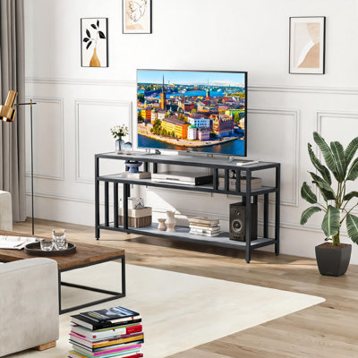 Meuble télé à quatre supports pour téléviseurs - Console multimédia moderne de 65 pouces (165 cm) pour téléviseurs jusqu'à 75 pouces (190 cm) - Étagères de rangement ouvertes - Centre de divertissement pour salon ou chambre, gris, 165 cm