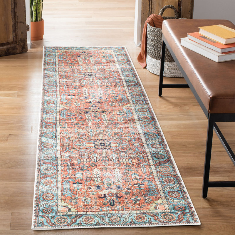Washable Non-Slip Traditional Area Rug - Orange / Blue Rug for Entryway, Hallway, Bathroom, and Kitchen - Fike