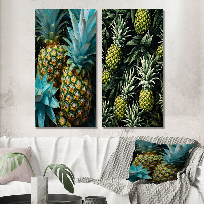 «Green and Blue Pineapple Paradise I», ensemble de 2 reproductions d'art mural ananas, Toile tendue, H 40 po x l 41 po