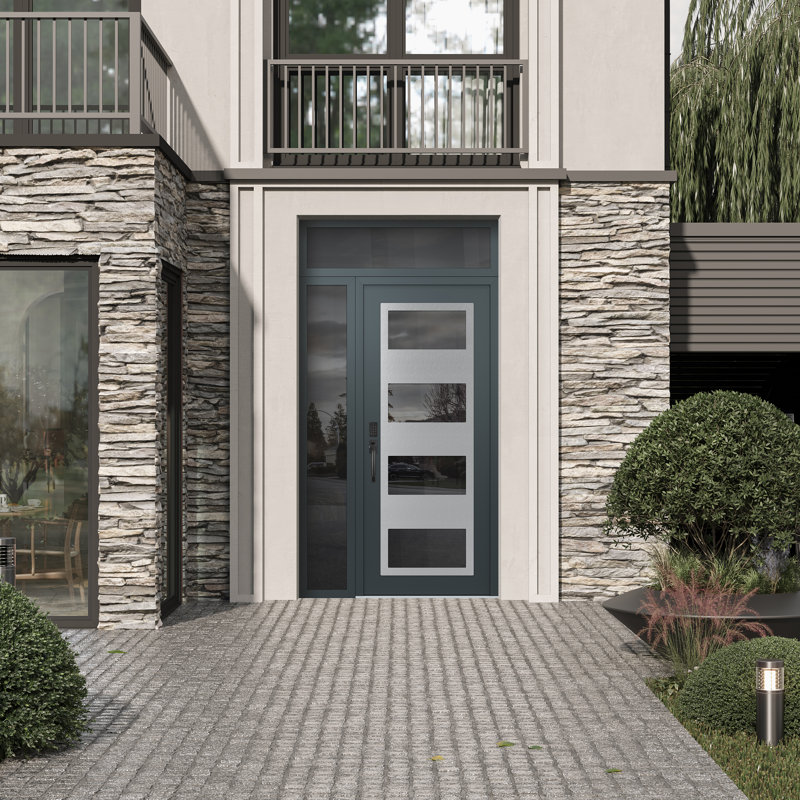 Porte d'entrée avant pré-suspendue à panneaux latéraux en acier argenté anthracite / anthracite avec panneau latéral, Oui