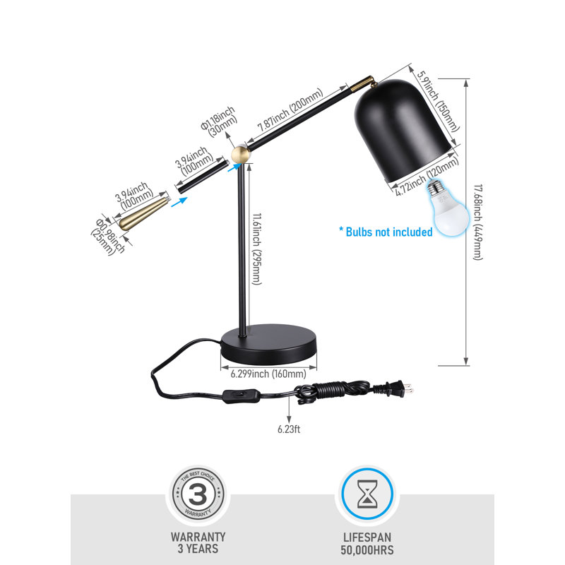 Lampe de bureau Skillern en métal esthétique, noire, moderne, avec bras articulé réglable et base lestée, idéale pour le salon ou la chambre. Puissance maximale : 60 W (culot E26), 110-120 V.