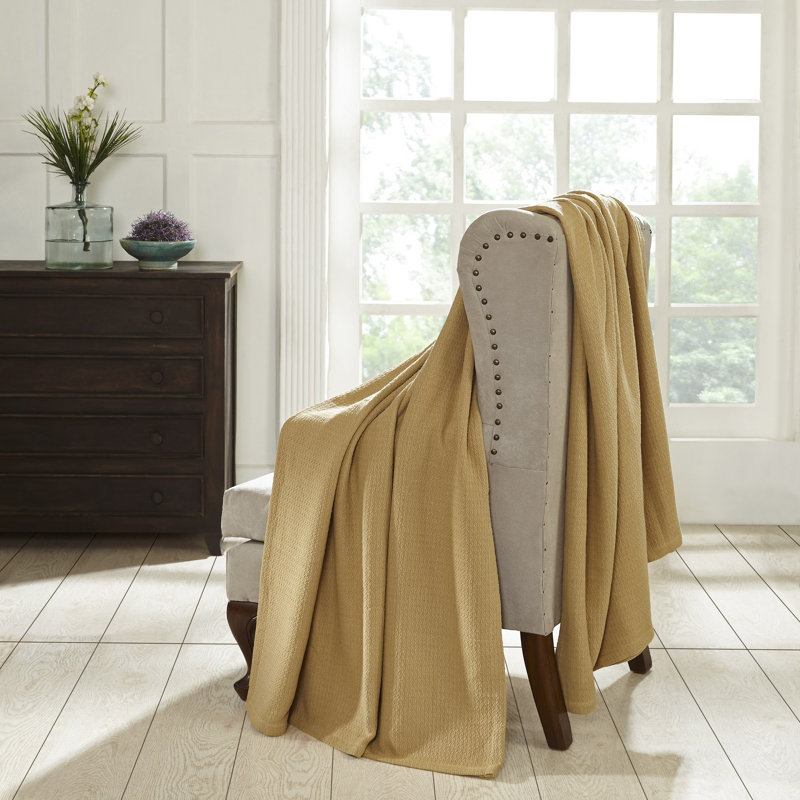 Mustard Full/Queen Cotton Waffle Weave Knit Blanket