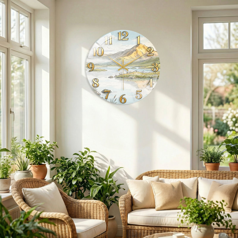 "Mountain Lake", horloge murale en verre, 60 x 60 cm (23,6 x 23,6 pouces)