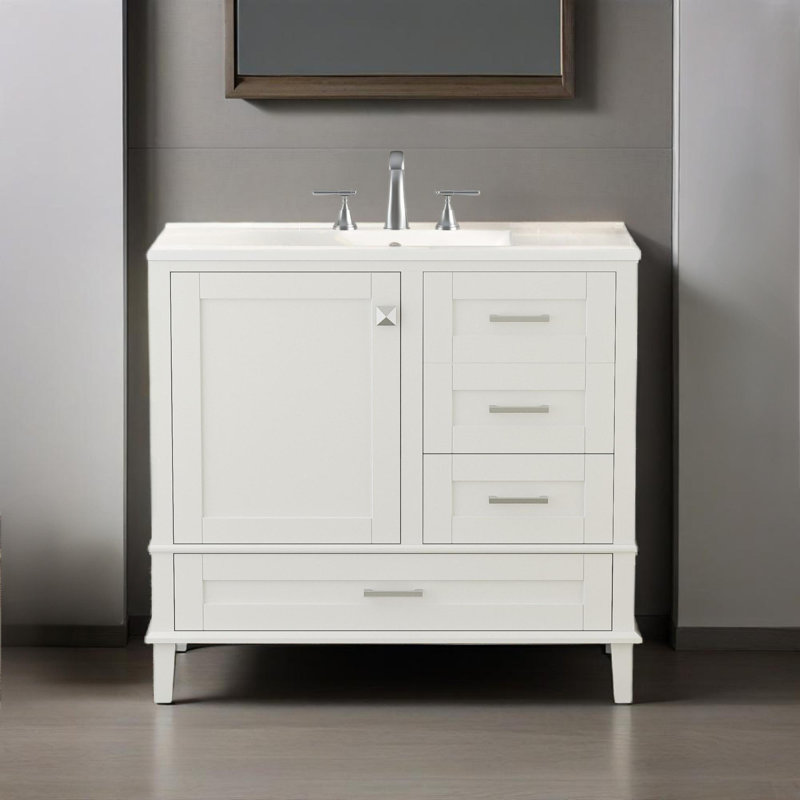 Meuble-lavabo moderne 36 po avec cadre solide, 1 porte à fermeture douce et 3 tiroirs, armoire de rangement moderne, Blanc