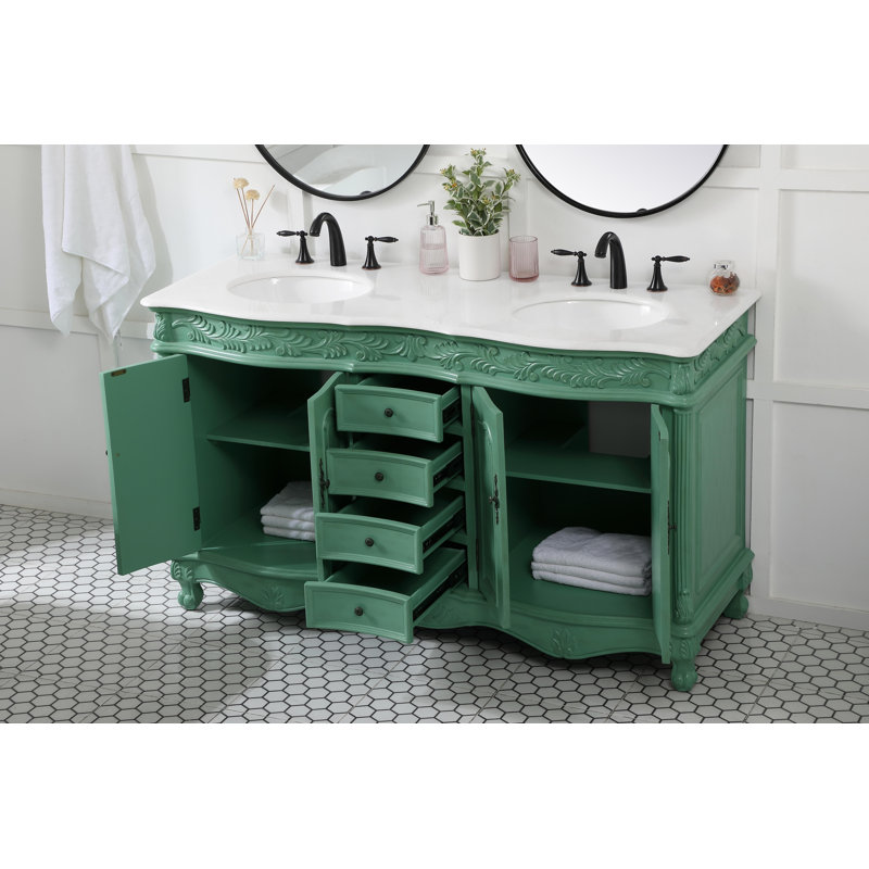 Mannie 60'' Double Bathroom Vanity with Engineered Marble Top, Vintage Mint, Ivory White