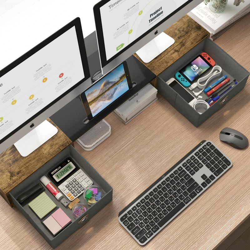 Dual Monitor Stand Riser With Two Drawers, Extra Large Storage For 2 Monitors, Desktop Oraganizer Computer,Laptop,Screen,Printer,TV