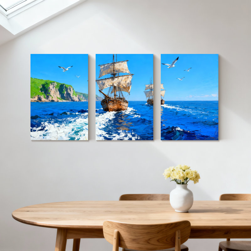 Ensemble de 3 impressions sur toile, voilier nautique, vagues de mouettes, ciel bleu, H 24 po x l 48 po