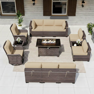 13 Pieces All-Weather Wicker Patio Furniture Set With Propane Fire Pit Table, Swivel Rocking Chairs, And Cushions