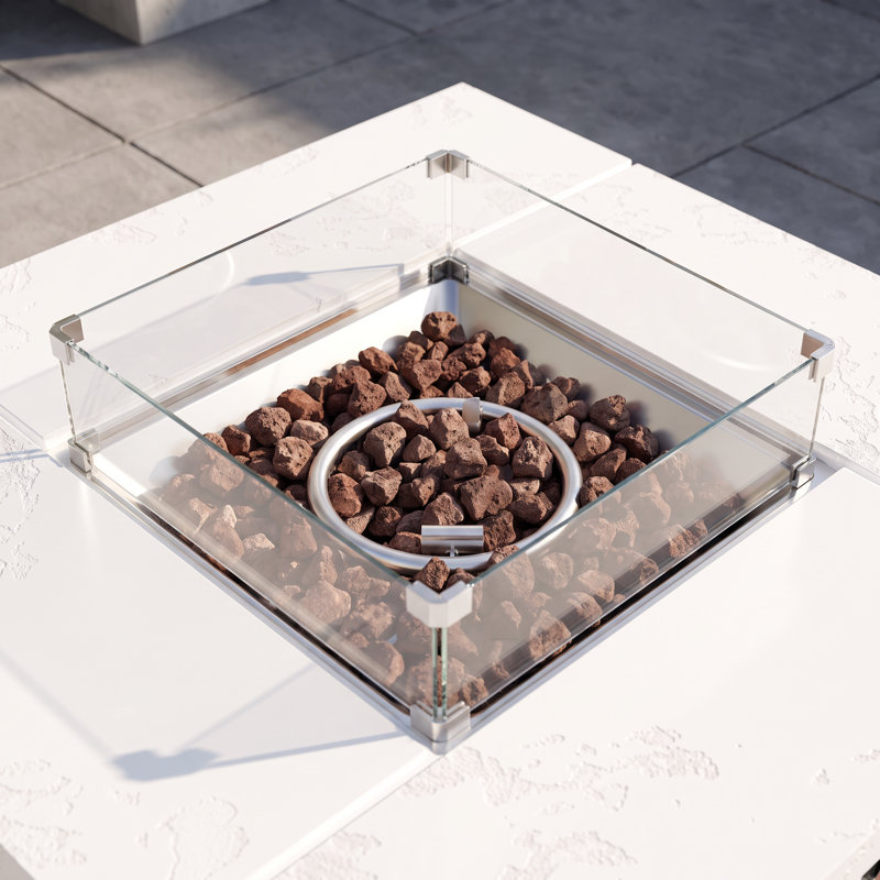 Table de foyer carrée blanche au propane de 105 cm (41,3 po) avec couvercle de réservoir et pare-vent en verre