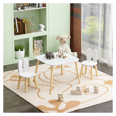 Ensemble de table et de chaises pour enfants avec 2 fauteuils à oreilles de lapin - Ensemble de 3 tables de jeu en bois pour tout-petits pour salle de jeux pour enfants, blanc