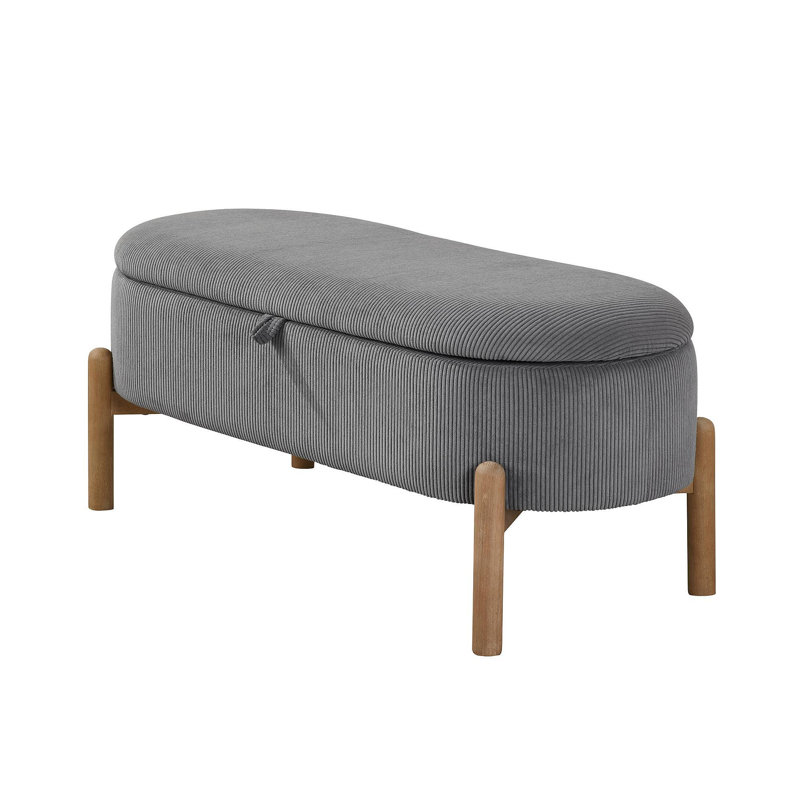 Storage Bench Gray Cushioned Seat Corduroy Upholstery Lift Top Solid Wood Legs 1Pc, Gray