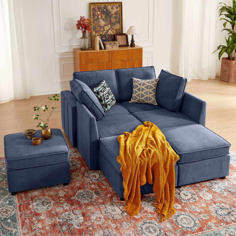 117.3" Large - Sized 4 Seaters Modular Sofa with 3 Ottomans, Blue Foam Padding