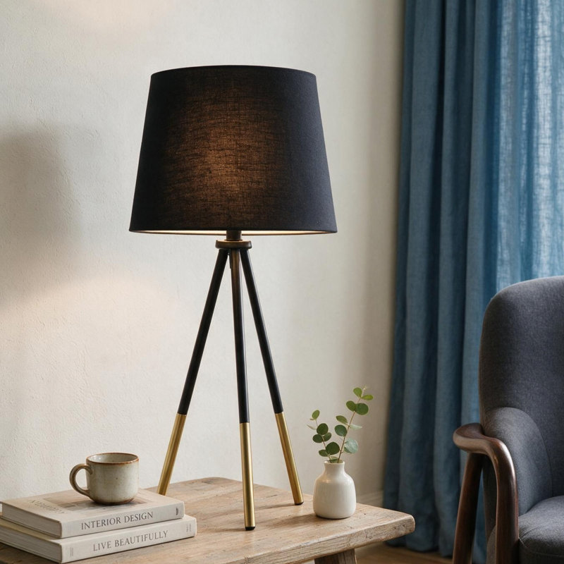 Lampe de table 20 "à trépied en métal" Devon ", noir mat / métal doré
