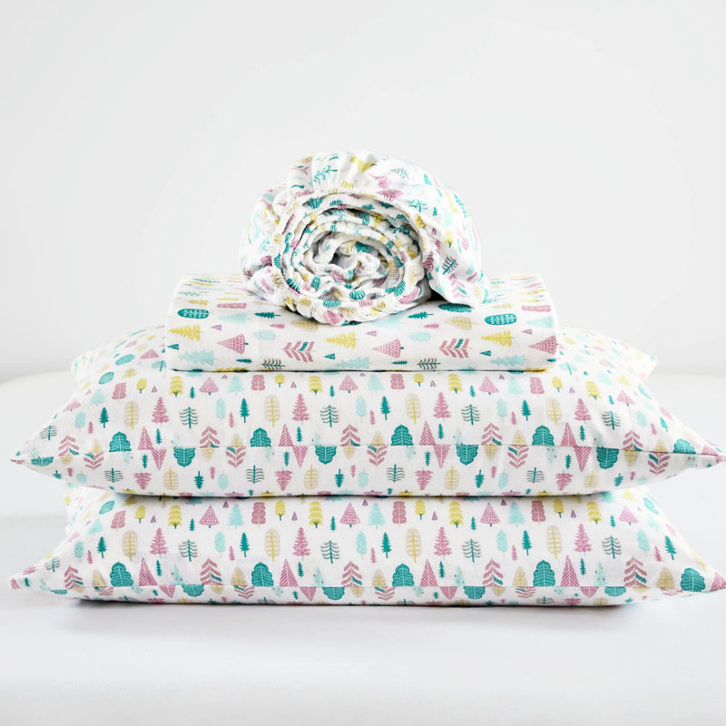 Ensemble de draps en flanelle de coton 4 pièces, motif d'arbres des Fêtes blanc chaud, lavable à la machine