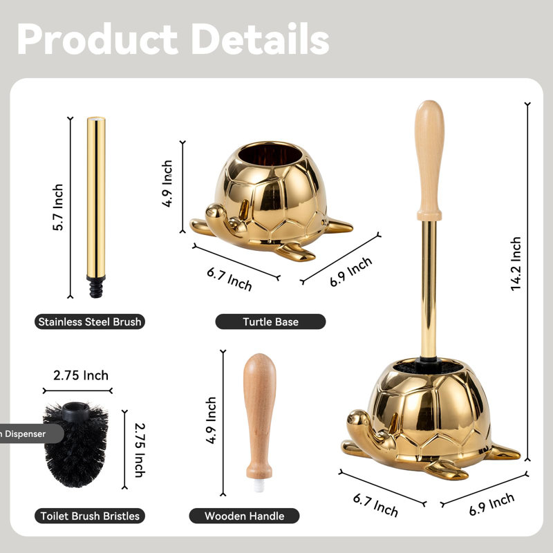 Ensemble de brosse de toilette à base de tortue, brosse de toilette en céramique, nettoyeur de bol avec poignée ergonomique, mini-jolie brosse de nettoyage de salle de bain (or)