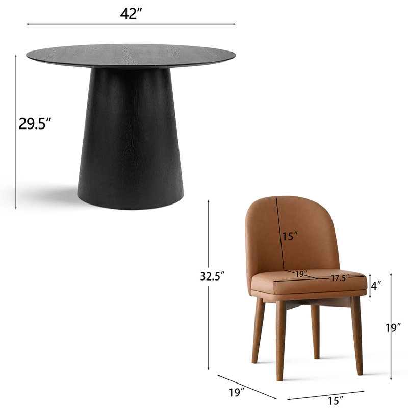 5-Piece Round Dining Table Set For 4, Brown Faux Leather