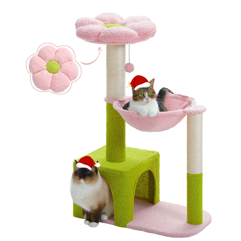 Flower Cat Tree With Large Metal Frame Hammock, 35" Cute Cat Tower With Sisal Scratching Posts For Small Indoor Cats, Cat Condo With Pink Top Perch For Kittens, Pink