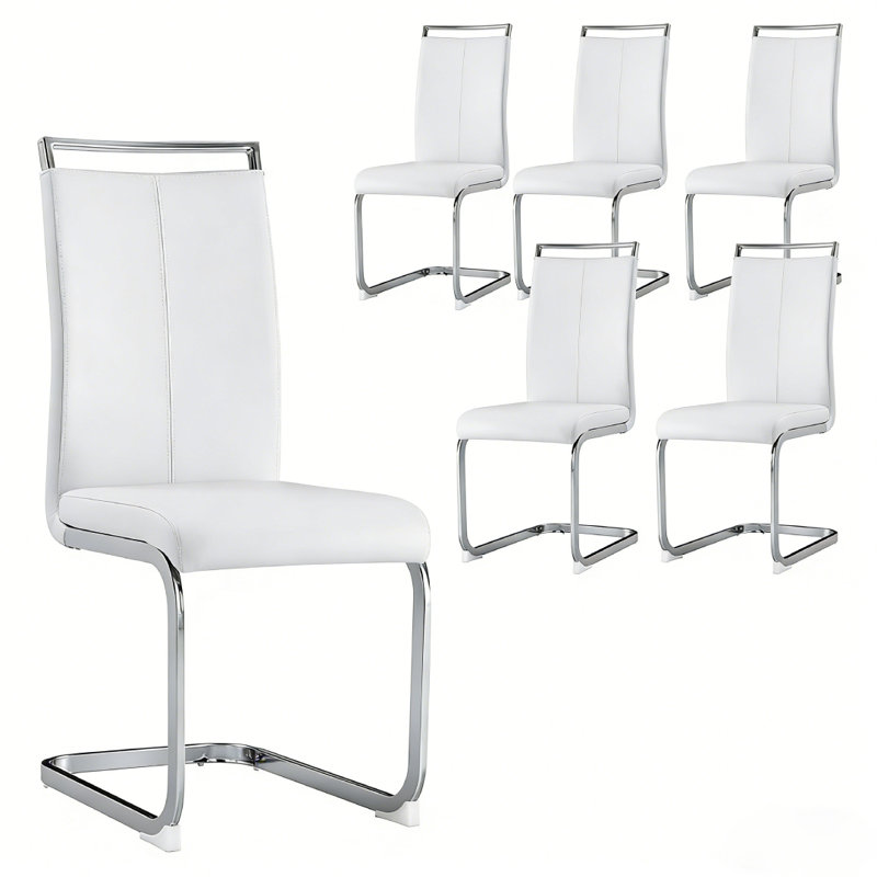 Amari Modern High Back Faux Leather Dining Chairs with Chrome Cantilever Legs, Silver, White
