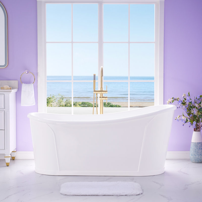 66'' W,68 GALLONS Freestanding Acrylic Soaking  Bathtub With Drain And Overflow Holes