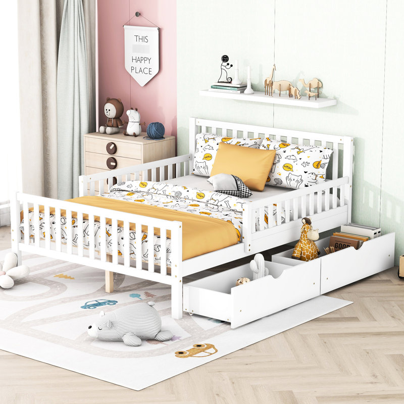 Lit double en bois blanc avec garde-corps et solutions de rangement intelligentes, plateforme classique à deux tiroirs pour une chambre à coucher élégante