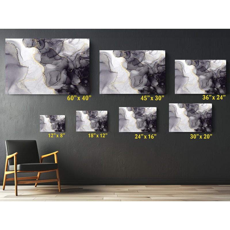 Art moderne sur toile marbré noir et blanc sur pierre, H 20 po x l 30 po x P 1 po