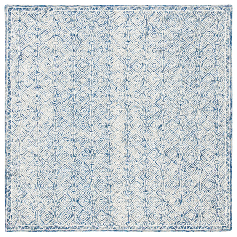 Basham Geometric Handmade Tufted Wool Navy/Cream Area Rug, Square 5'