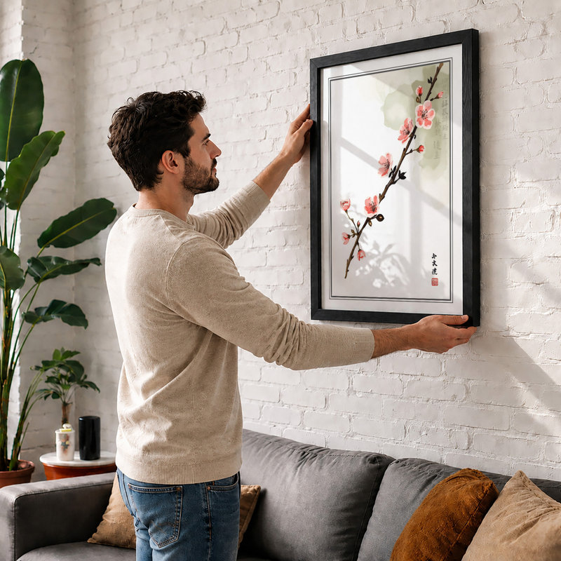 Moonlit Cherry Blossom Japandi - Framed Print, A1 - 84.1 x 59.4 cm, Oak