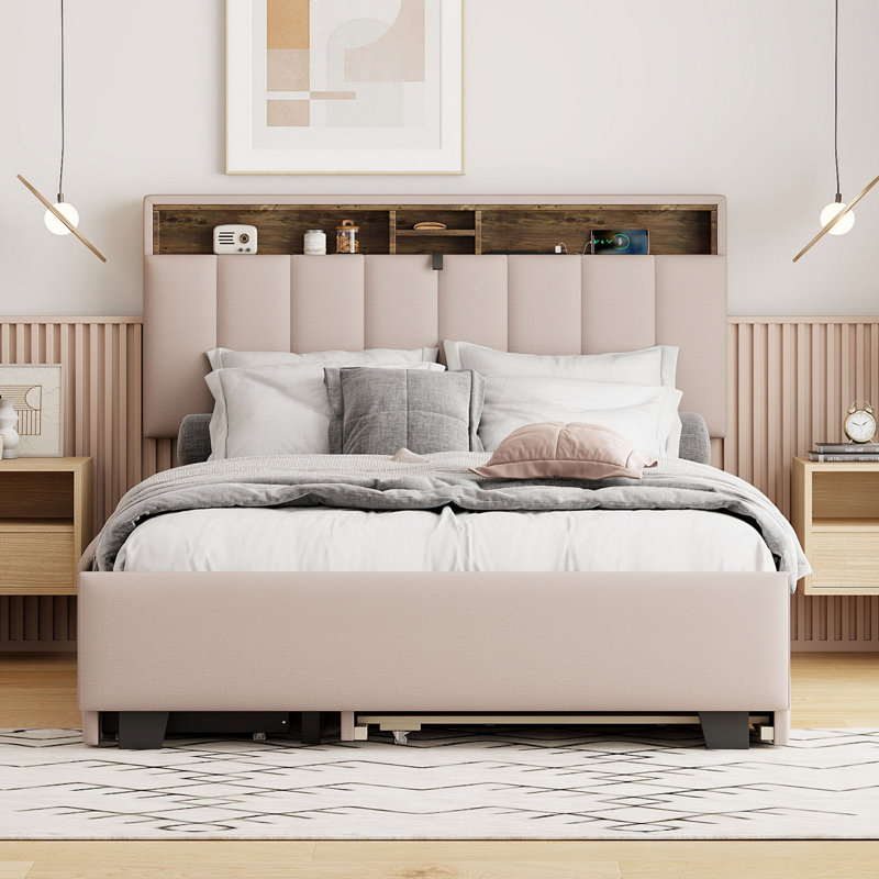 Lit plateforme tapissier avec tête de lit, gigogne et tiroirs de rangement, Beige, Double