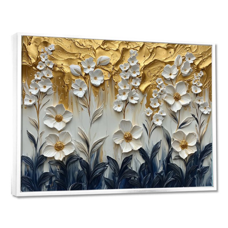 Fleurs blanches et dorées, Wildflowers III - Art mural fleurs sauvages, H 24 po x l 32 po, Cadre flottant, Blanc