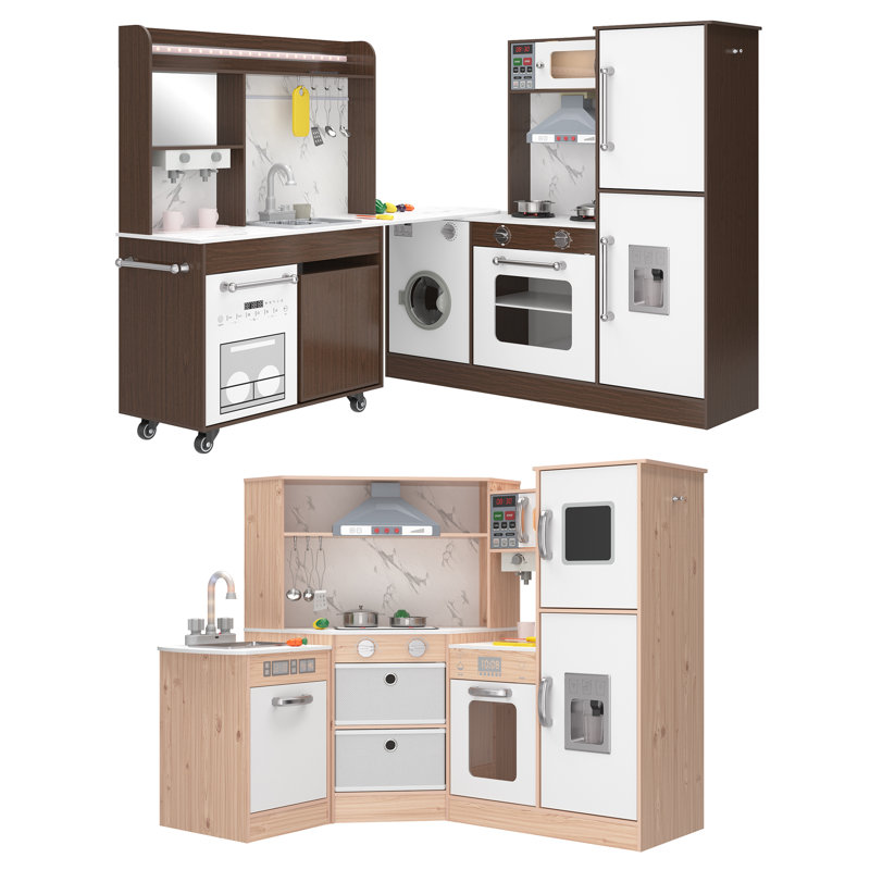 2-piece Large Play Kitchen Toy Set, Corner Rotatable Kids Kitchen Playset With Real Lights & Sounds,modular Toy Kitchen,ages 3+