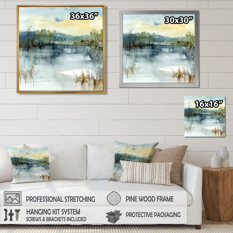 " Summer Lake Landscape Illustration ", 30" H x 30" W, Wrapped Canvas, No Frame