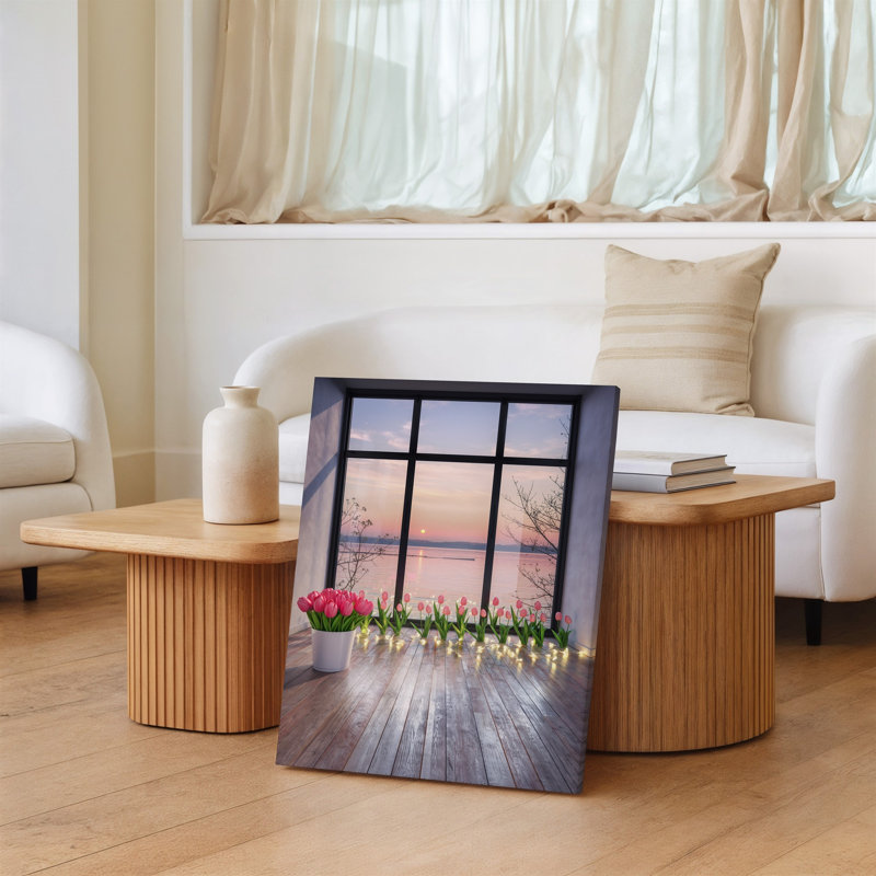 Toile une scène d'intérieur sereine avec un bouquet de tulipes roses dans un pot blanc posé sur un plancher en bois