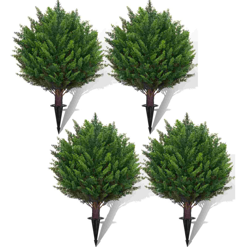 Artificial Cypress Topiary Tree with Ground Spike, Set of 4 Artificial Shrub Bushes, Fake Evergreen Tree for Porch, Artificial Plants for Outdoor Planters Indoor UV Resistant