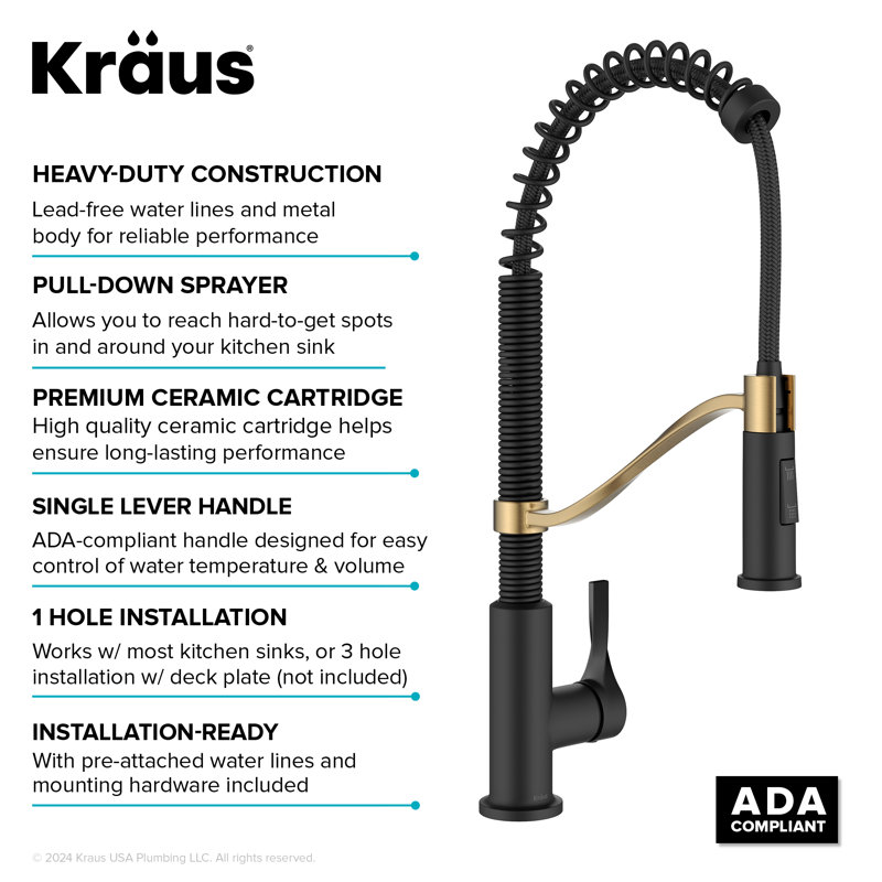 Kraus Torak Commercial Style 2-Function Single Handle Pull Down Kitchen Faucet, Brushed Brass/Matte Black