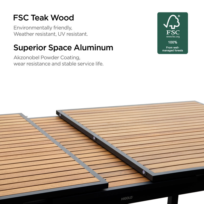 Heck Rectangular Outdoor Dining Set with Extension Teak Tabletop, 8, Dark Charcoal, 30.3" H x 95.7" W x 39.4" D