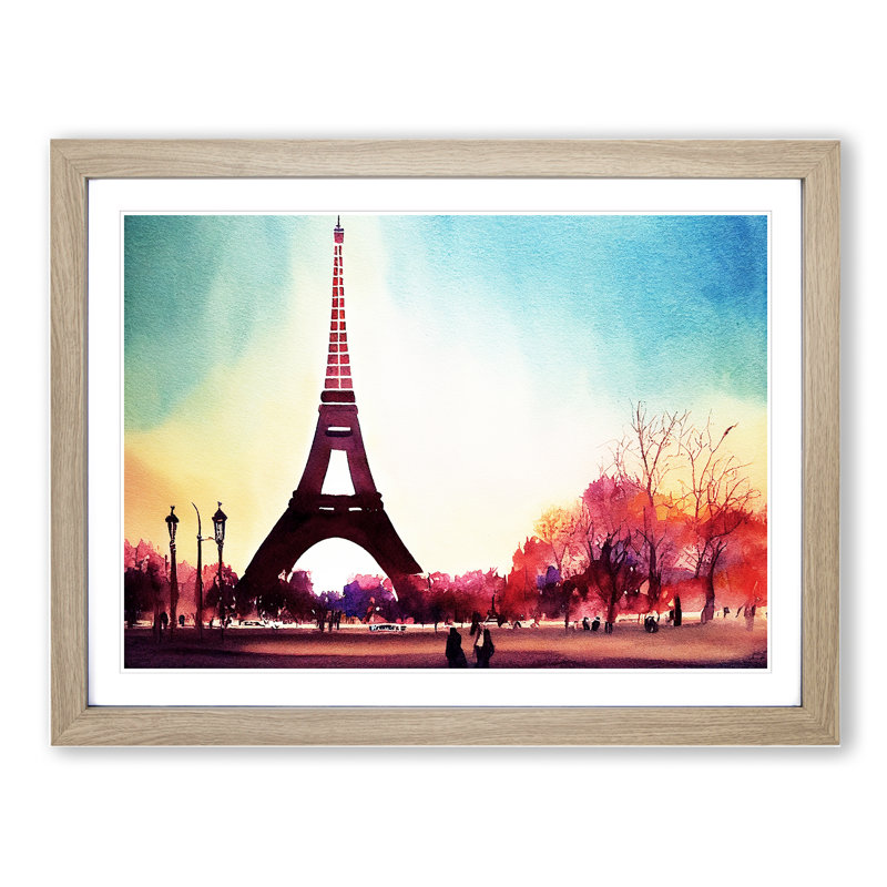 Eiffel Tower In Watercolour Vol.1 - Single Picture Frame Painting, 25cm H x 34cm W x 2cm D, Oak
